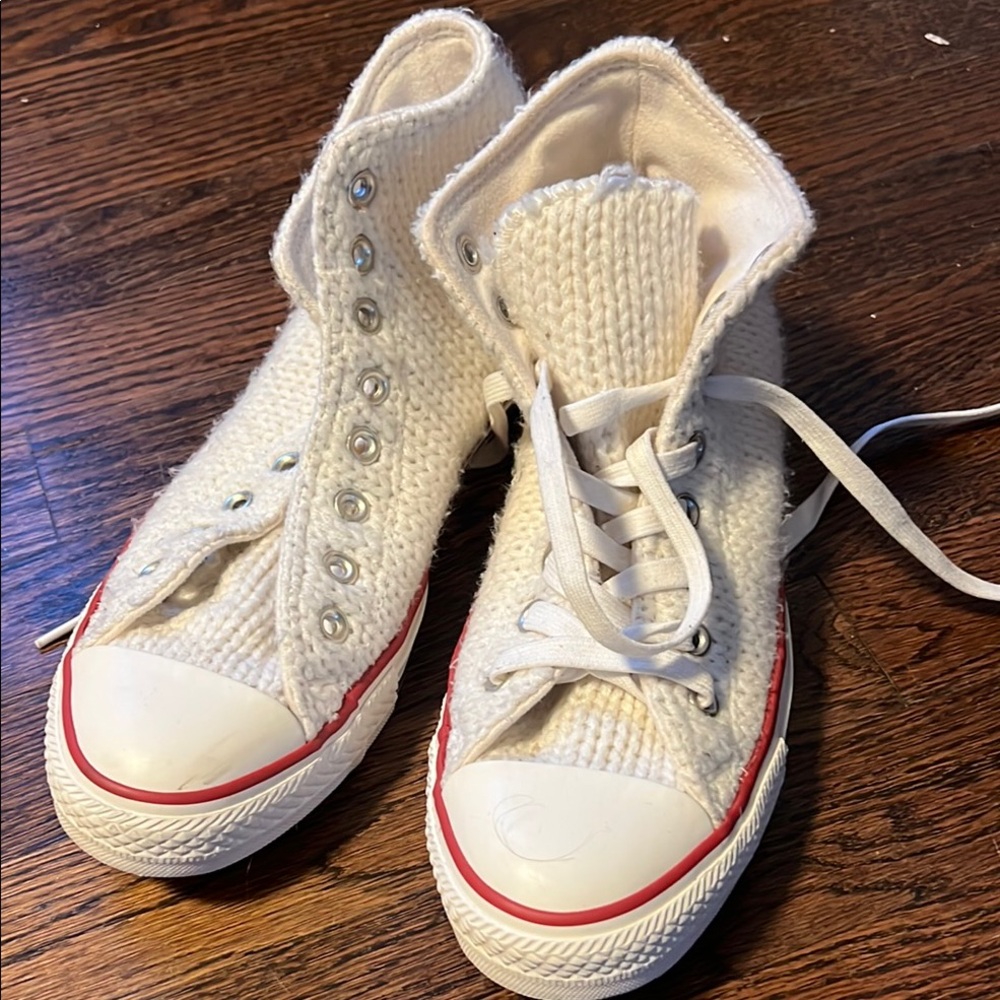 White Knit High-Top Sneakers with Red Trim